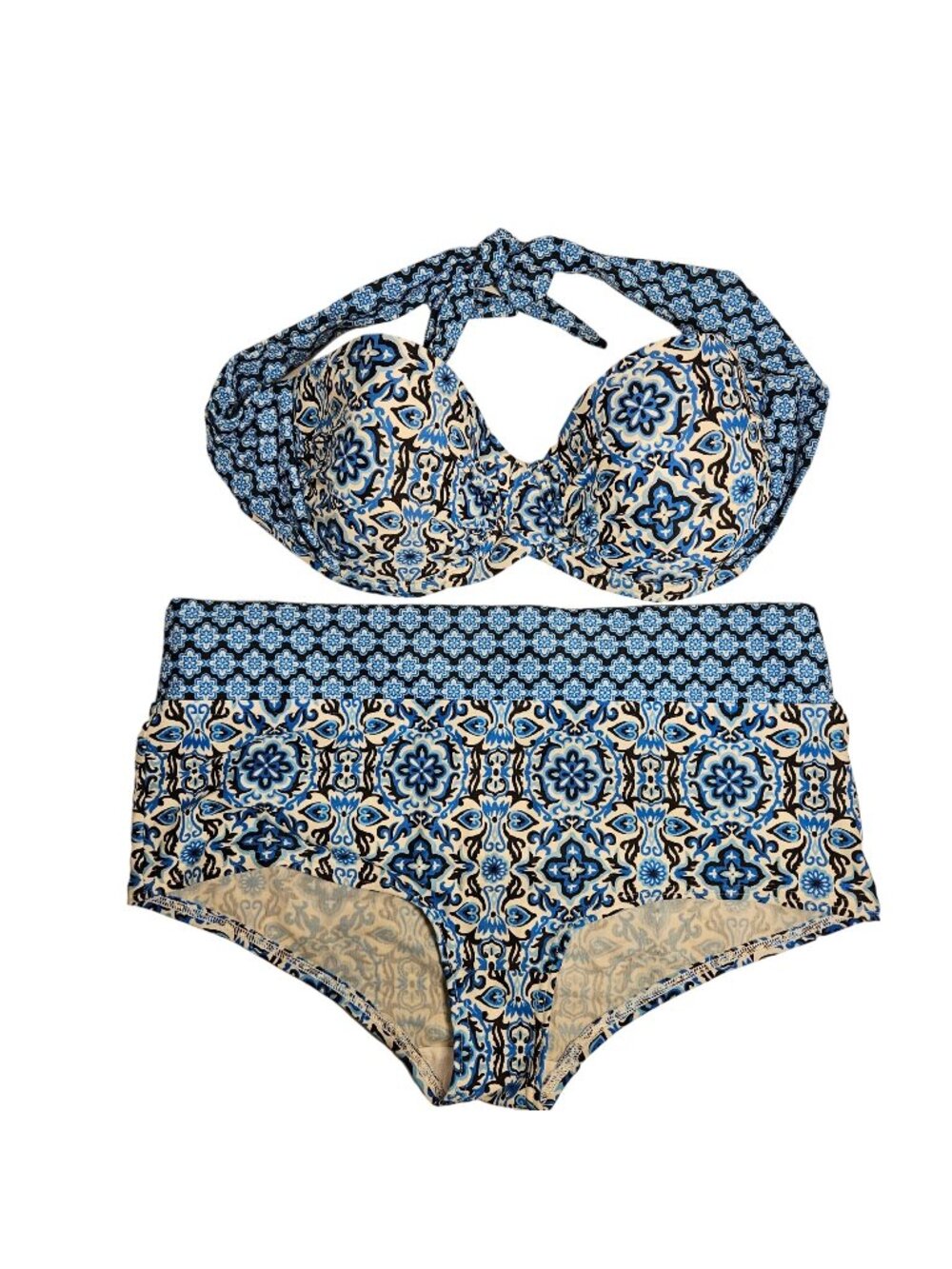 George Bikinki 36 B/C Size 10 Halter underwire Blue Geometric Beachy Vacation